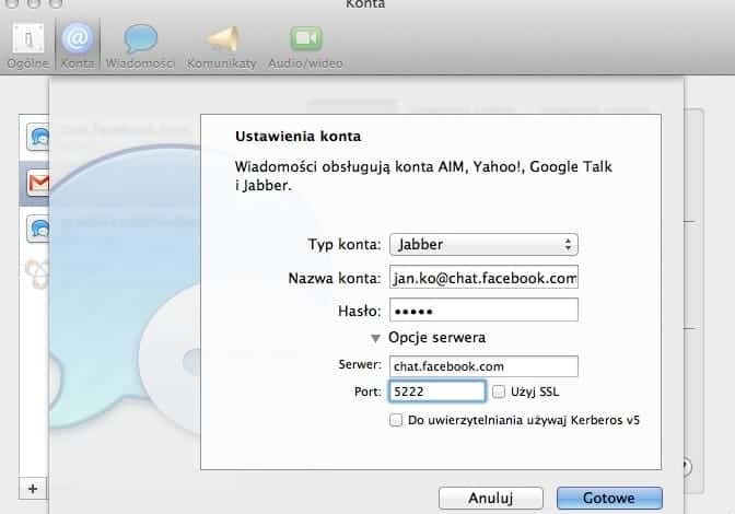 facebook chat w wiadomosciach w Mac OSX